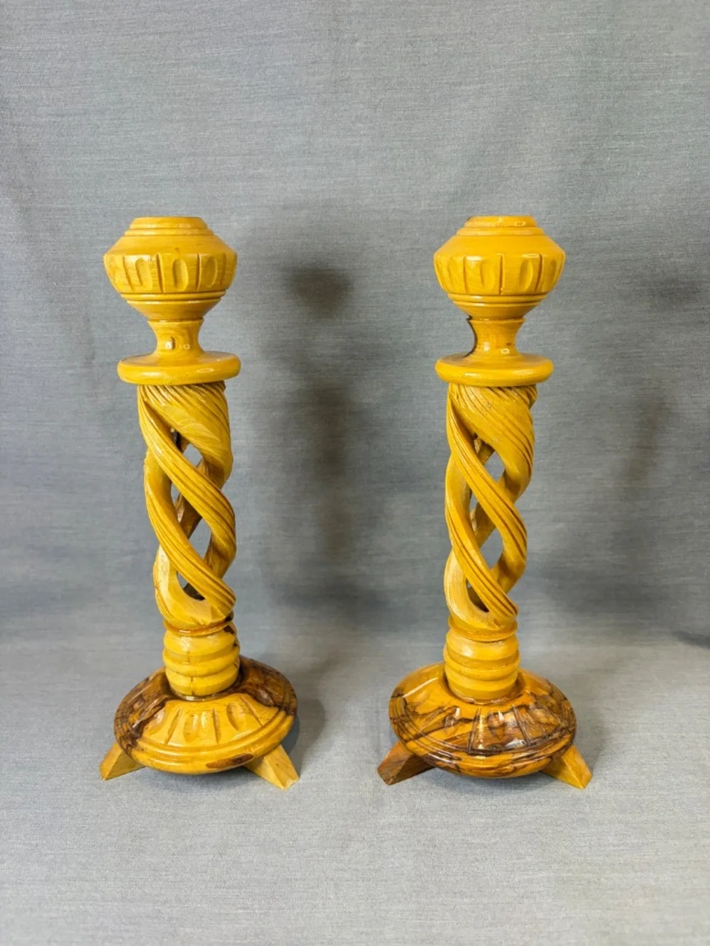 Olive Wood Candlestick Pair Hollow Spiral Barley Twist Hand Carved Bethlehem